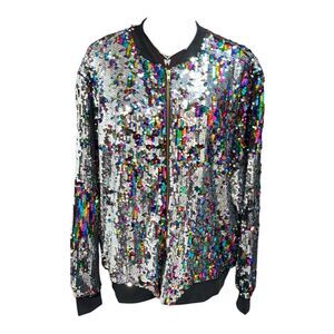 Cresay Womens XL Sequin Bomber Jacket Blazer Zip Front Long Sleeve Sparkly Party